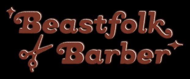 Beastfolk Barber: Bold rounded retro script with thick outline, scissors and sparkles icon.