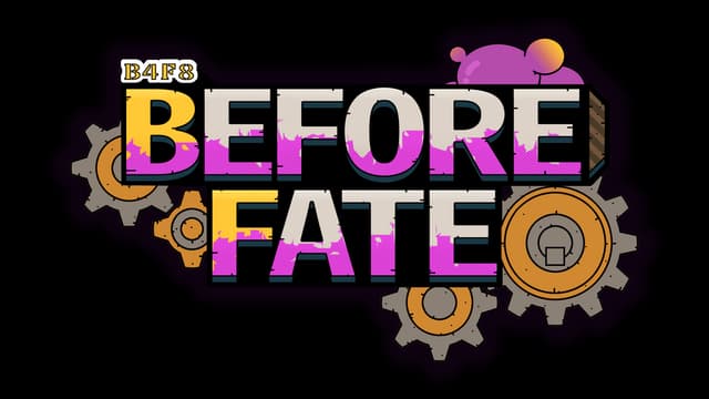 Bold, blocky text with purple gradient, surrounded by gears and cosmic elements.