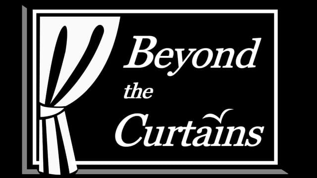 Stylized text with elegant serif font and curtain design element.