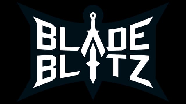 Blade Blitz: Angular, sword-integrated letters on a dark, symmetrical design.