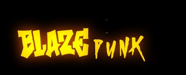 BlazePunk: Jagged graffiti-style lettering with bold glow and rough painted outline.