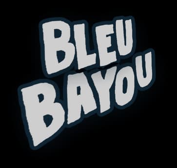 Bleu Bayou: Bold jagged hand-lettered caps on a wavy blob, teal glow outline.