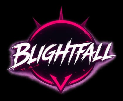 BLIGHTFALL: jagged brushstroke lettering over neon ring emblem with glow and spikes.