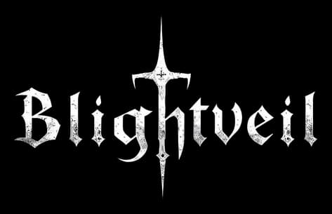 Blightveil: Distressed gothic serif wordmark, central sword-cross glyph, icy glow edge.