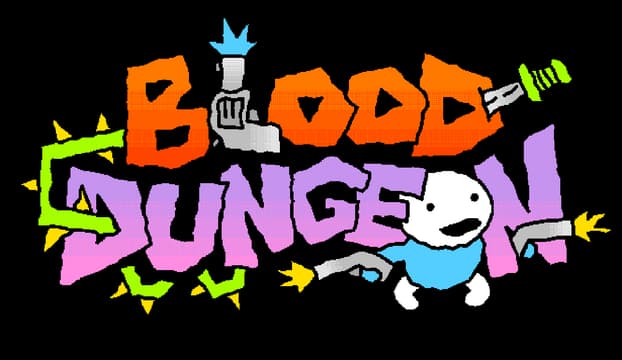 Blood Dungeon: chunky pixel font with gradient fill, weapon-and-skull letter accents.