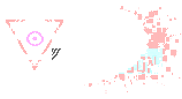 Blood in the Panopticon: Pixel-art bold caps with eye sigil and blood splatter glitch.
