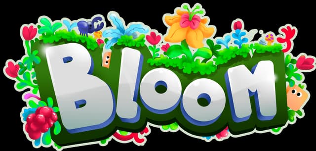 Blocky 3D letters surrounded by colorful cartoon flowers and leaves.