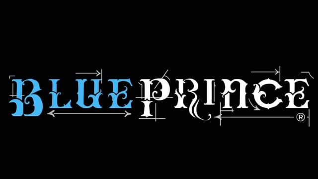 Elegant blackletter font with ornate flourishes and blueprint elements.