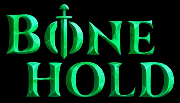 Bonehold: Beveled emerald 3D serif letters with glossy shine, sword-shaped O.