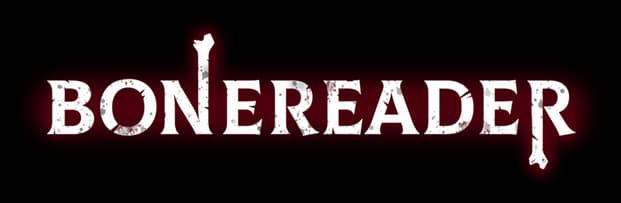 Bonereader: Distressed slab-serif letters on a rounded banner, bone-like I spikes.