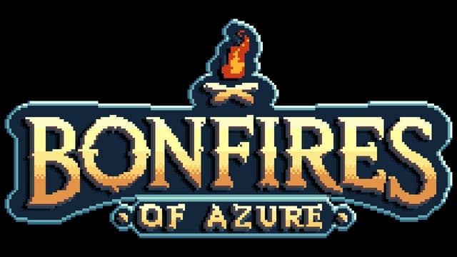 Stylized pixel art font with a flaming torch above bold letters.