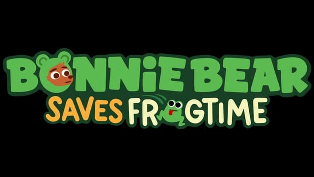 Rounded green letters, bear face and frog accents, dynamic playful style.