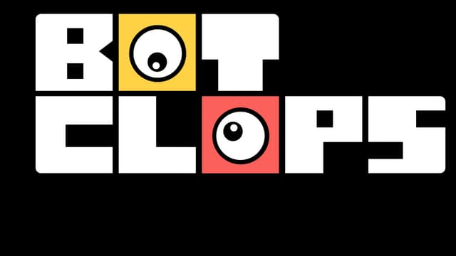 BOTCLOPS: Chunky block letters with two square eye icons replacing the O's.
