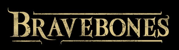 Bravebones: distressed serif wordmark framed by thin lines and sharp hooks.