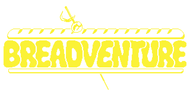 Breadventure: Bold block letters under a baguette banner with skewered handle accent.