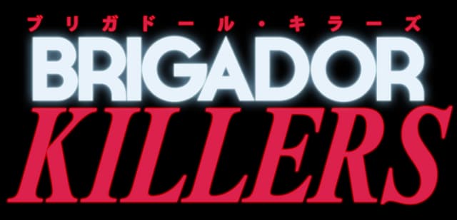 Brigador Killers: Bold sans BRIGADOR over slanted serif KILLERS with neon glow.