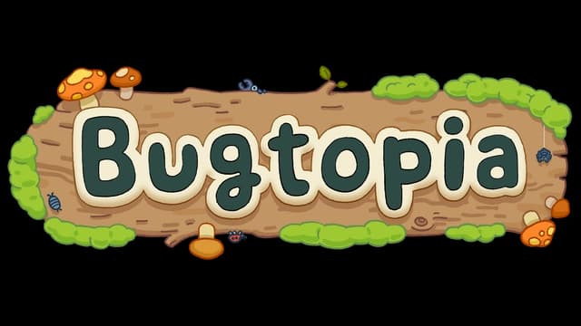 Rounded font on a wooden plank with moss, mushrooms, and insects.