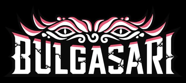 Bulgasari: Bold cracked slab-serif letters with horned eye crest and pink glow.