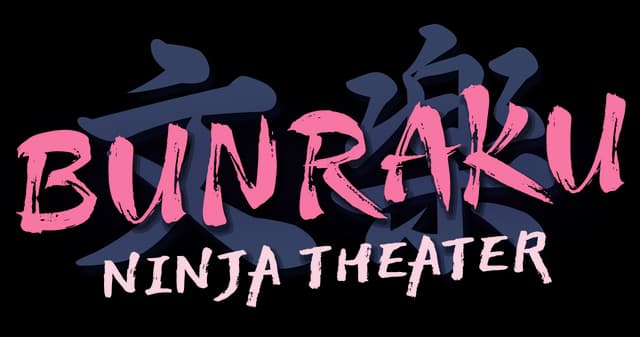 Bunraku: Bold pink brushstroke lettering with blue shadow, rough white subtitle text.