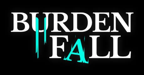 Burdenfall: Bold serif wordmark with teal drip accents and a jagged teal “A”.