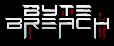Byte Breach: futuristic segmented block lettering with red glitch-like vertical accents.