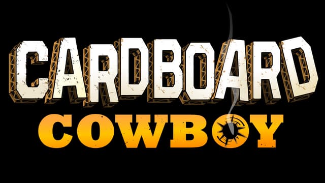 Cardboard Cowboy: 3D blocky western lettering, distressed texture, bullet-hole O with smoke.