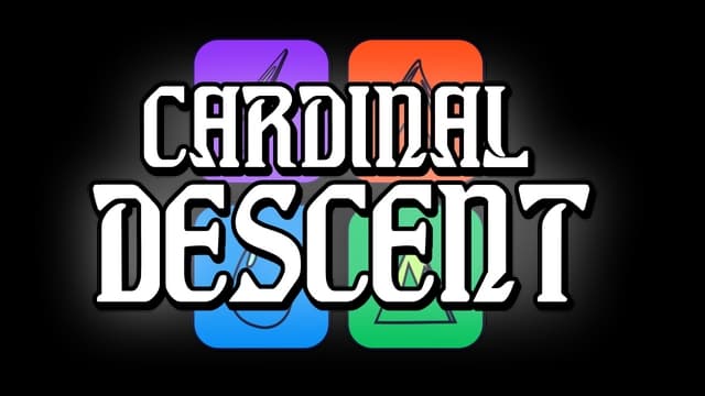 Bold font with black outline and colorful playing card symbols.