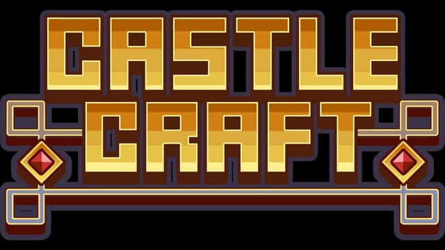 Blocky golden 3D text, brown outline, with rubies on each side adding flair.
