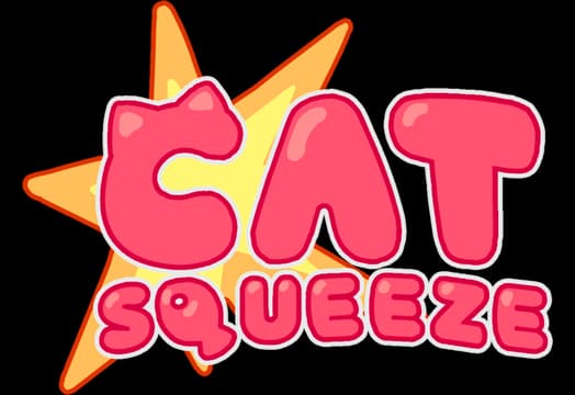 Cat Squeeze: Rounded bubble letters with glossy highlights and starburst accent.