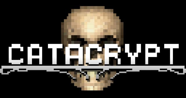 Catacrypt: Blocky pixel font over a skull, with a metallic sword-like underline.