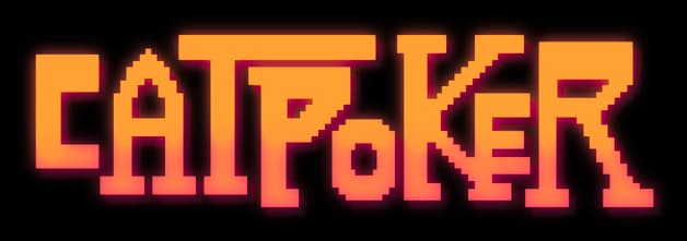 CatPoker: Chunky pixel font with bold outline, orange-to-pink gradient, neon glow.