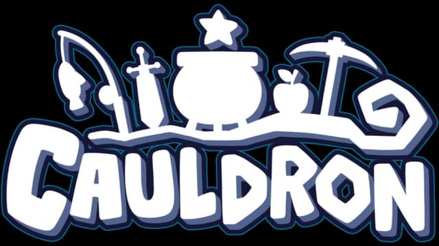 Bold, playful font with whimsical icons like a cauldron and sword above.