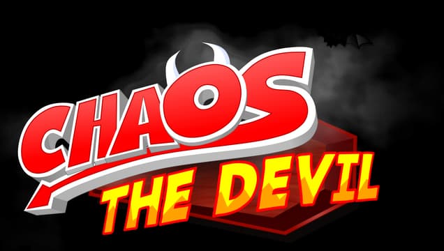 Chaos The Devil: Bold 3D red letters with horned O, angled yellow subtitle, shadowed badge.
