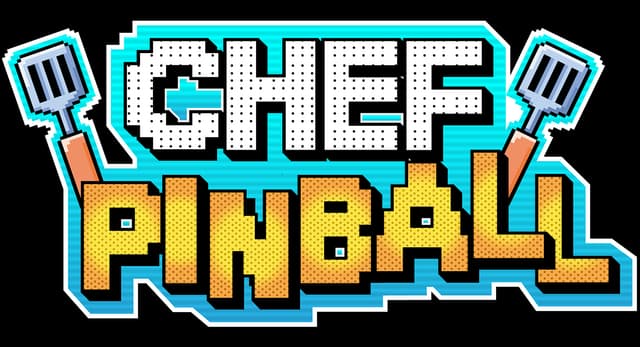Chef Pinball: Pixel-art block letters with halftone shading, bold outline, spatulas accents.
