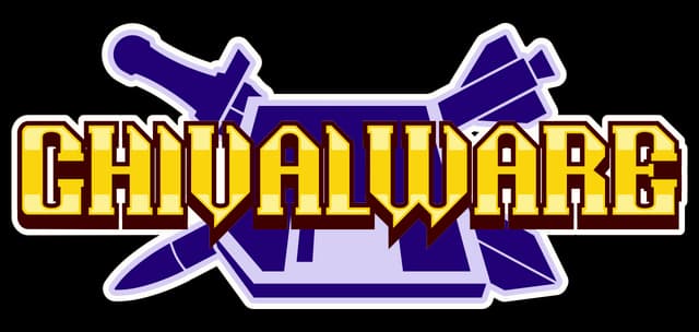 Chivalware: Bold medieval serif letters with gold bevel, purple shield and swords.
