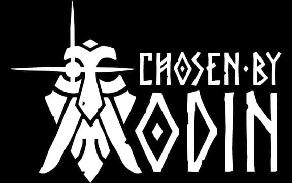 Chosen by Odin: Jagged runic lettering with spear-and-raven emblem and cutout O rune.