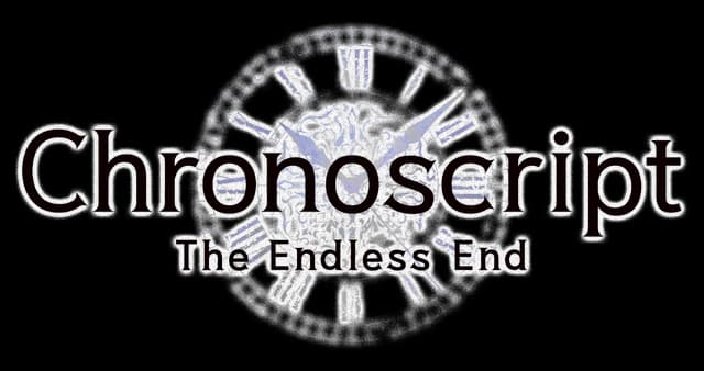 Chronoscript: Serif wordmark over a clockface emblem, bold outline, subtitle below.