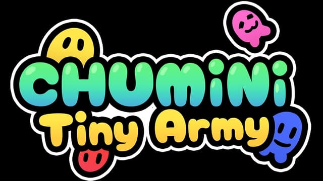 Rounded bubble letters with gradient colors, playful two-legged characters attached.