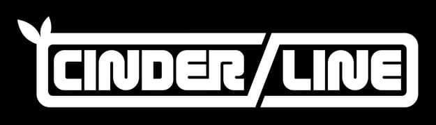 Cinderline: Rounded block lettering in a framed badge, split by a slanted slash.