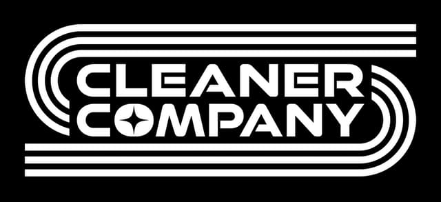 Cleaner Company: Bold rounded sci-fi wordmark in striped capsule frame, star O.