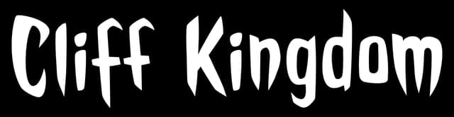 Cliff Kingdom: Bold jagged brush lettering with rough edges and uneven stroke widths.