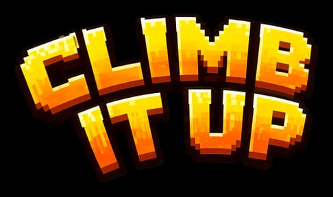 Climb It Up: chunky pixel-art 3D letters in orange gradient with dark outline.