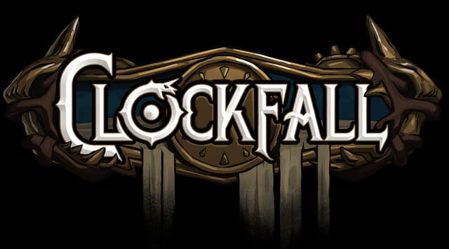 Clockfall: Ornate serif lettering over a clock emblem, framed by twisted wood and drips.