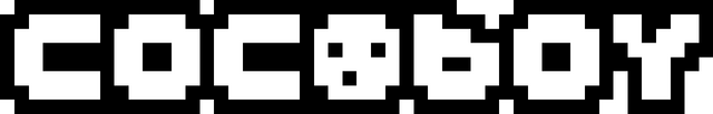 COCOBOY: Chunky pixel font in white, with an 8-bit skull icon for the O.
