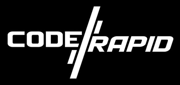 Code RAPID: Bold sci-fi text split by diagonal slash, RAPID italic with sharp cuts.