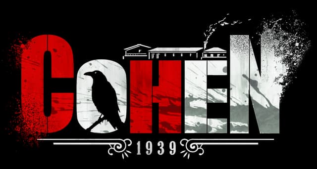 Cohen 1939: Bold distressed block letters with red-white split, factory silhouette overlay.