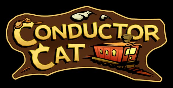 Conductor Cat: Chunky gold-outlined cartoon lettering on a torn wood sign with train icon.