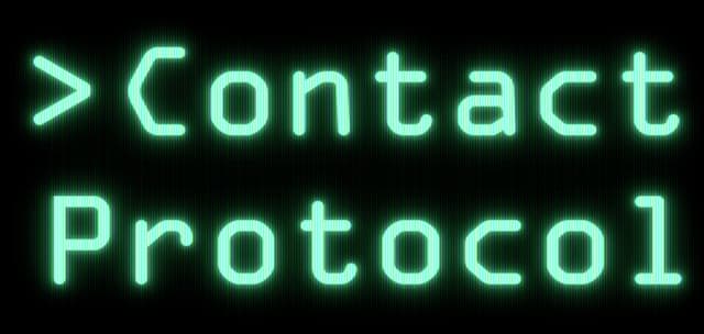 Contact Protocol: Rounded sci-fi letters with scanline texture and neon glow outline.