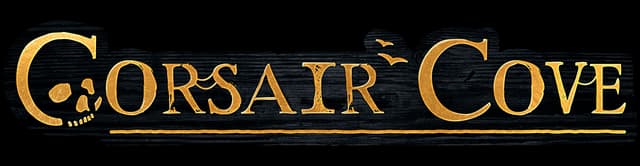 Corsair Cove: Gold serif lettering with skull cutout and long painted underline.