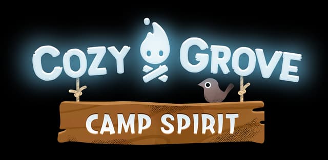 Cozy Grove: Rounded soft 3D letters with campfire ghost icon and wood sign ribbon.